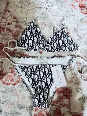 Christian Dior Womens Black & White Logo Triangle Bikini